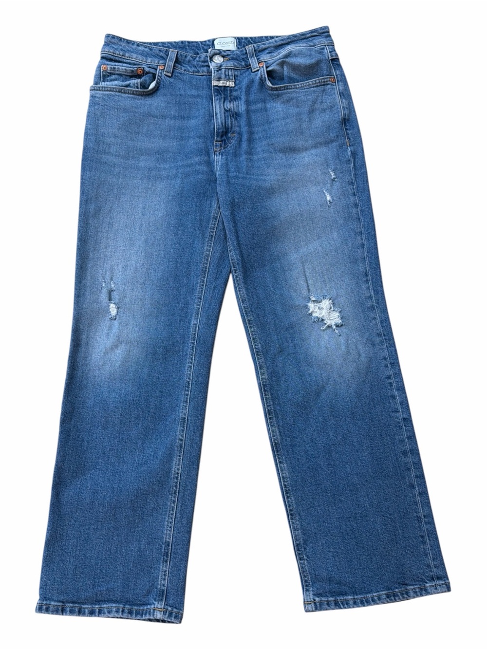 Closed Denim Gillan Mid-Blue Distressed Wide-Leg Jeans